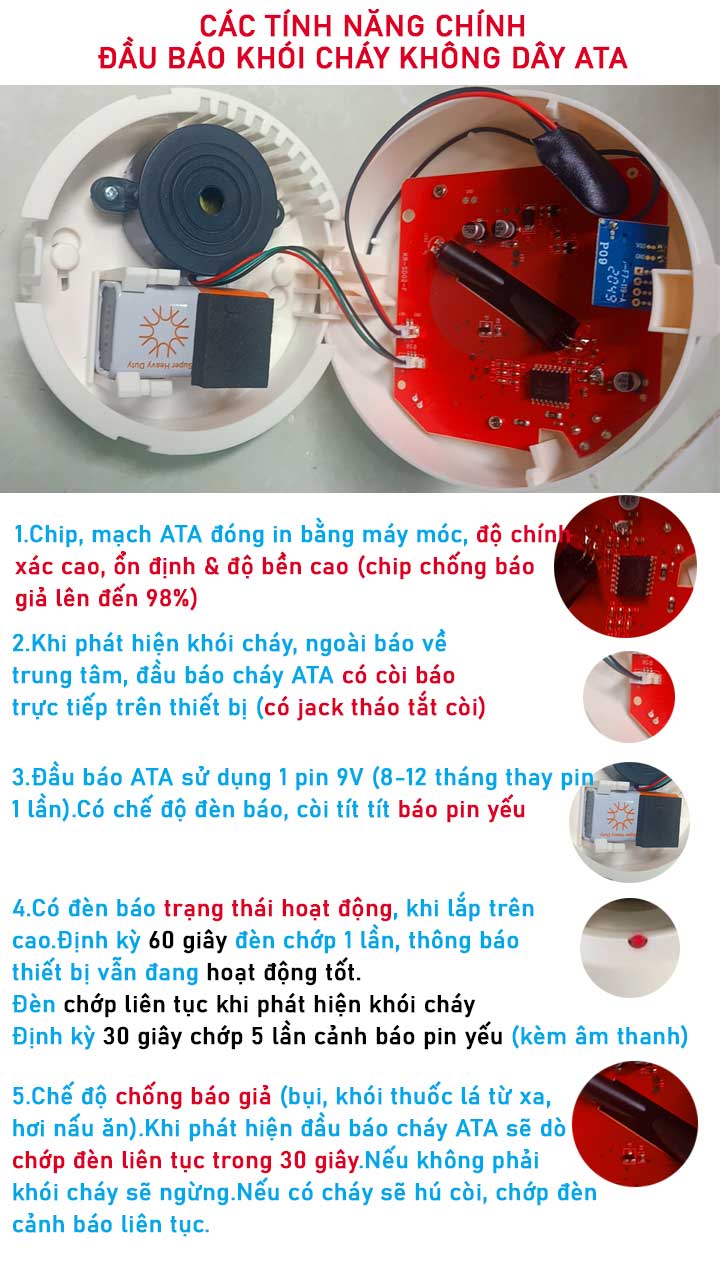 tính năng ưu điểm đầu báo khói cháy không dây dùng pin ata sm 114 sm01s